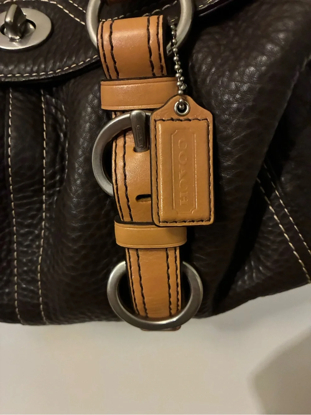 Women’s Brown Leather Tote with Tan Strap Accents